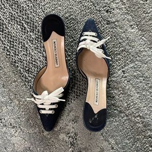 Manolo Blahnik Denim Blue Kitten Heel Mules